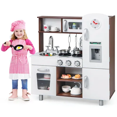 Produktbild von GOPLUS Kinderküche Holz, Spielküche mit realistischen Lichtern & Geräuschen, Uhr, Telefon, Mikrowelle, Spüle, Herdplatten, Backofen & Kochzubehör, Holzküche mit Aufbewahrung für Kinder ab 3 Jahren