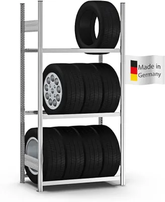 Produktbild von Reifenregal | Grundregal | HxBxT 200x100x40cm | 3 Ebenen | Fachlast 150kg | Verzinkt | Reifenständer Garagenregal