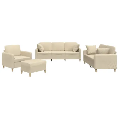 A set of cream-colored furniture pieces, including a sofa, armchair, and ottoman, arranged on a white background.