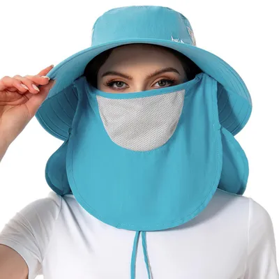 Produktbild von Sonnenhut Fischerhut UPF 50+ mit abnehmbarem Gesichtsschutz und Nackenklappe Hellblau Einheitsgröße