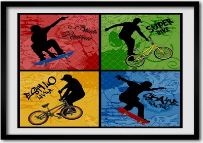 Produktbild von Bild - Bilderrahmen - 100 cm x 70 cm - MDF - Rahmen - Foto - Wandkunst Fahrrad und Skateboard