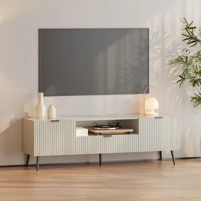 Produktbild von Fernsehschrank ‘Nand’ mit Schublade und 2 Türen geriffelt 160 x 40 x 51 cm Sandfarben