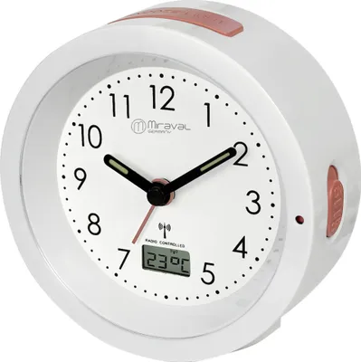 A white alarm clock with a pink accent on a white background.