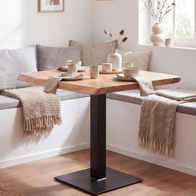 Produktbild von FineBuy Esszimmertisch quadratisch 80cm Massivholz Akazie Baumkante - Industrial Esstisch Baumstamm Massiv - Küchentisch - Baumkantentisch Bistrotisch