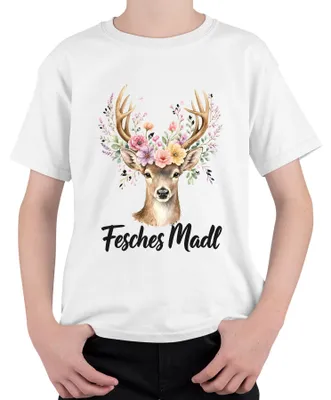 Immagine prodotto di Maglietta per bambini, bianca, con motivo "Fesches Madl", "Reh Hirsch", "Blumen Geweih", stile tradizionale bavarese, con pantaloni in pelle (lederhose), taglia 116