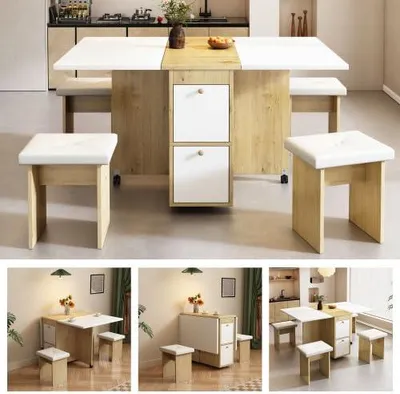 Produktbild von Esstischset mit 4 Stühlen, multifunktionaler ausziehbarer Klapptisch, 120x80x75 cm, Tisch und Essstühle