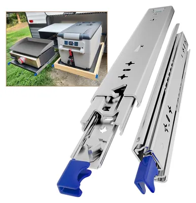 Obrázok produktu pre Ťažké zásuvkové koľajnice s zámkom - 900 mm, 100 kg nosnosť, plne vysúvateľné