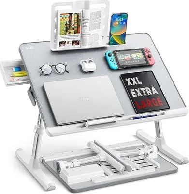 Produktbild von Famanu Laptop-Tisch höhenverstellbar mit Bücherhalter und Schublade - Ideal für Bett und Sofa