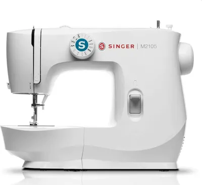 A white Singer M2105 sewing machine is shown against a white background.