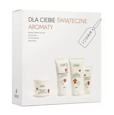 Zdjęcie produktu dla Ziaja, Dla ciebie świąteczne aromaty, Zestaw Peeling cukorwy do ciała 200 ml + Mus do ciała 160 ml + Żel pod prysznic 160 ml + Krem do rąk 50 ml - Długi termin ważności!