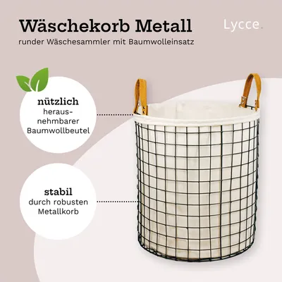 A marketing image showing a round metal wire laundry basket with a cotton liner and leather handles, with text highlighting its features.