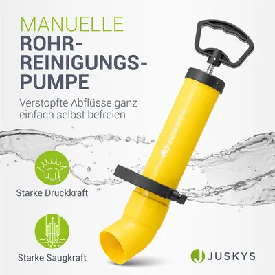Produktbild von Juskys Rohrreinigungspumpe - Handschuhe & 3 Aufsätze für Abfluss - Rohrreiniger Gelb