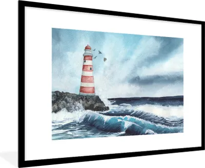 Produktbild von MuchoWow® MuchoWow® Gerahmtes Poster Leuchtturm - Meer - Golf 90x60 cm - Poster mit zchwarzem Bilderrahmen - Wanddekoration - Fotos