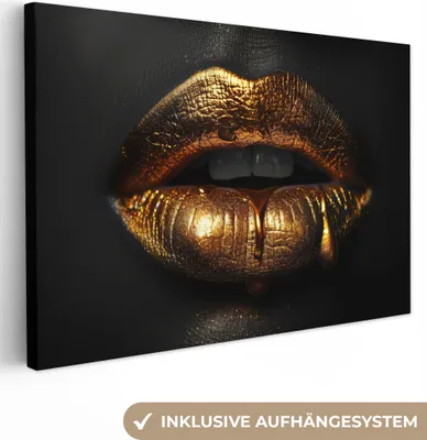 Produktbild von Wanddeko 60x40 cm - Lippen - Gold - Abstrakt - Schwarz - Ästhetisch, Deko, Deko Wohnzimmer, Bilder, Wanddeko
