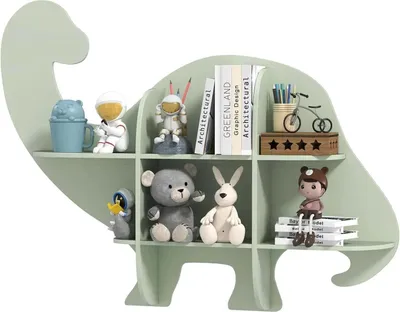 Produktbild von Dinosaurier Kinder-Bücherregal - Wandmontiertes Holzregal - 2 Regalböden - 6 Offene Fächer - Grün