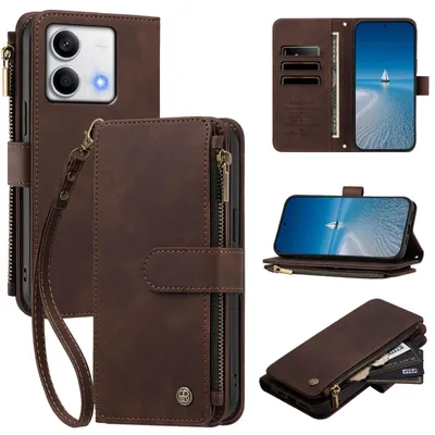 Produktbild von Handyhülle für Xiaomi Redmi Note 13 5G, Leder Klapphülle mit Kartenfächern, Reißverschlussfach und Handschlaufe Braun