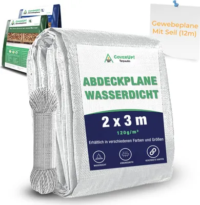 A folded white tarp with a label showing product details and a coiled rope next to it. Packaging for similar products is visible in the background.