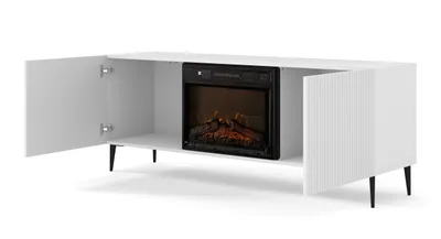 A white TV cabinet with an integrated fireplace and black legs, shown with one door open.