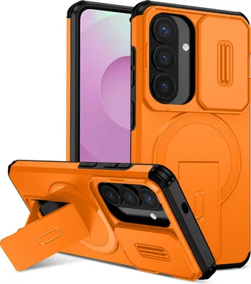 Obrázek produktu pro Magnetické pouzdro pro Samsung Galaxy S26, dvouvrstvé odolné pouzdro s posuvnou ochranou fotoaparátu a nastavitelným stojánkem Oranžová