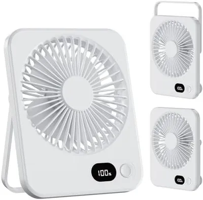Produktbild von Klein Tischventilator USB Leise Ventilator Akku 3600mAh 5 Geschwindigkeiten 180°Einstellbar Tragbarer LED Anzeige Fan Für Büro, Bibliothek, Reise Weiß