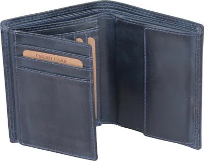 Produktbild von Blaue Leder Geldbörse 13x9cm mit Sicherungsriegel, 10 Kreditkartenfächern und geteiltem Scheinfach