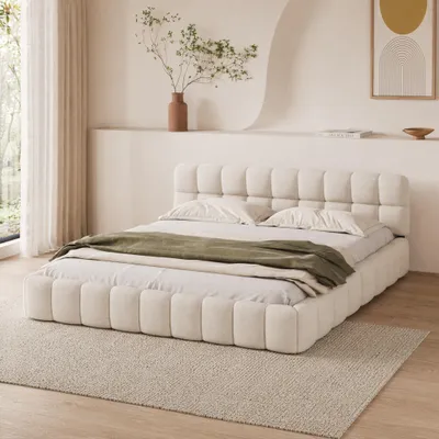 Zdjęcie produktu dla Łóżko tapicerowane ProximaX 160x200 cm - podwójne łóżko z ramą z listew, tapicerowane wezgłowie i boki, len, beżowy