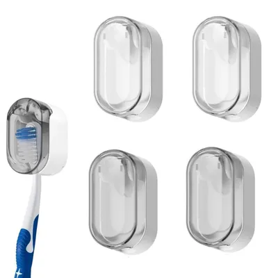 Produktbild von 4er Set Zahnbürstenhalter Wandmontage selbstklebend ohne Bohren mit Abdeckung Weiß Hellgrau