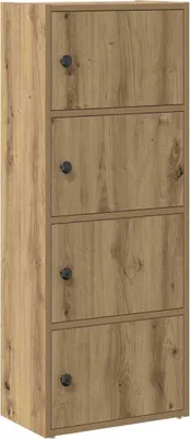 A tall, narrow wooden cabinet with four doors and black knobs, shown against a white background.