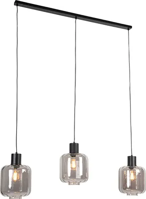 Produktbild von QAZQA - Design Hängelampe I Pendellampe I Pendelleuchte schwarz mit Rauchglas 3-flammig-Licht 161,5 cm - Qara I Wohnzimmer I Schlafzimmer - Länglich - LED geeignet E27