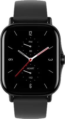 A close-up, front-facing view of a black smartwatch with its screen displaying the time and health metrics.