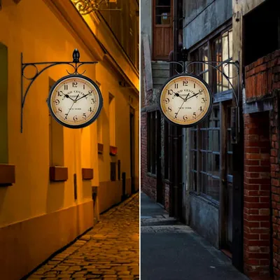 Produktbild von Doppelseitige Bahnhofsuhr, Vintage-Retro-Stil, wetterfeste Bahnhofsuhr, runde Hängeuhr für den Garten, schmiedeeiserne Metallwanduhr für draußen, geräuschlose Quarzuhr, Wanduhr für den Außenbereich, dekorativ 33 x 31 cm