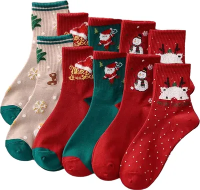 Produktbild von 5 Paar Weihnachtssocken, Herbst/Winter, feuchtigkeitsableitend, atmungsaktiv, Rentier-Weihnachtsmann-Motiv, mittelhoch, für Damen und Herren, dehnbar, sportlich, lässig, Crew-Socken
