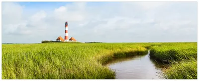 Produktbild von Wallario Premium Glasbild, freischwebende Optik, kräftige Farben, Größe 80 x 32 cm Motiv Kleiner Bach durch Schilf auf dem Weg zum Leuchtturm