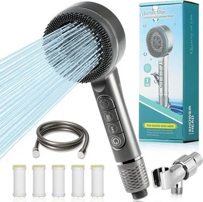 Immagine prodotto di Soffione doccia con filtro, soffione doccia con tubo flessibile e supporto, soffione doccia ad alta pressione con 3 tipi di getto, tubo flessibile da 1,5 m e filtro per l'acqua