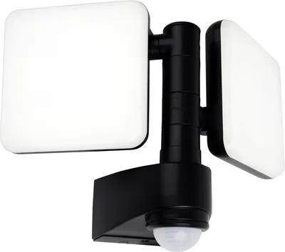 A black LED outdoor wall light with two adjustable heads and a motion sensor, shown against a white background.