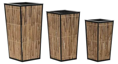 Blumentopf-Set aus Metall und Rattan, schwarz-natur, 35x35x69 cm