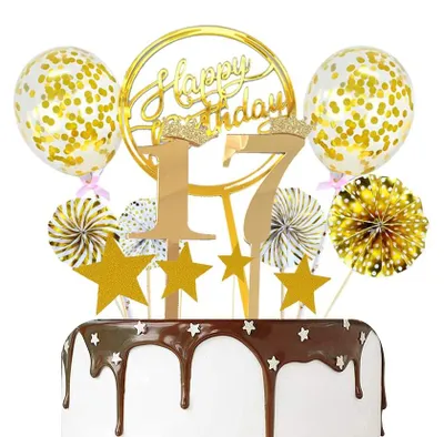 17. Geburtstag Tortenaufsatz-Set, 15-teilig, Gold