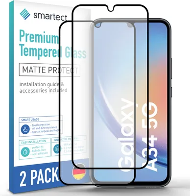 A product shot of a 2-pack of matte screen protectors for a Samsung Galaxy A34 5G, presented with its packaging.