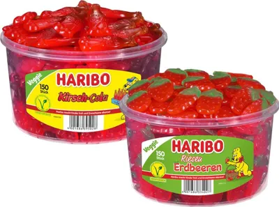 Produktbild von Set Haribo Kirsch Cola 150 St. + Haribo Riesen Erdbeeren 150 St. Dosen