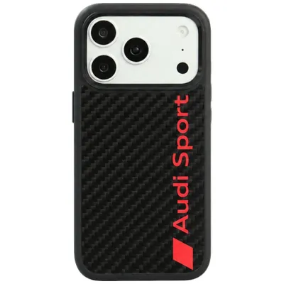 Image de Coque en fibre de carbone pour iPhone 17 Pro / 18 Pro, compatible MagSafe, de couleur noire, avec logo Audi