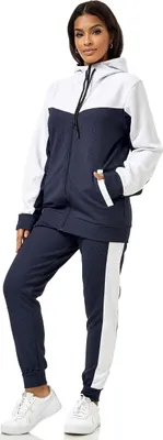 Produktbild von Damen Trainingsanzug | Jogginganzug mit Kapuzenjacke 0986 Navy-Weiß L