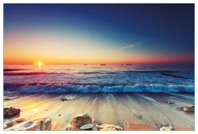 Produktbild von Wallario Küchenrückwand aus Glas, Größe: 90 x 60 cm, Motiv: Sonnenuntergang am Meer mit Wellen am Strand | Spritzschutz | abwischbar | pflegeleicht | in