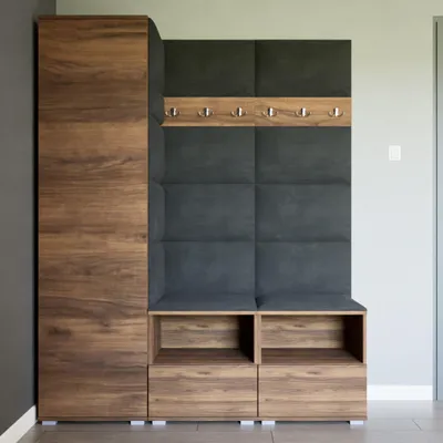 Produktbild von Moderne Garderobe Flur-Set NELA II Warmia Nussbaum Polsterpaneele Trinity 16 Schwarz 150cm