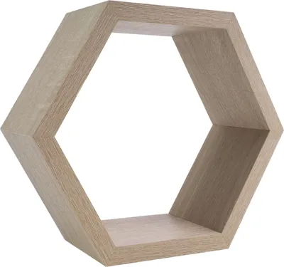 A single hexagonal shelf made of light brown wood-grain material against a white background.