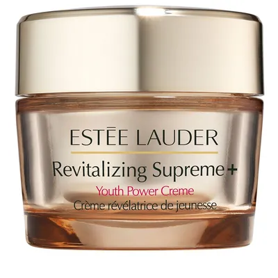 A close-up studio shot of an Estee Lauder Revitalizing Supreme+ Youth Power Cream jar.