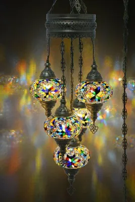 Image de Suspension turque à 5 flammes en verre mosaïque multicolore – Plafonnier oriental avec 5 boules