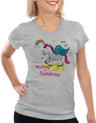 Produktbild von style3 Unicorn Walking on Sunshine Damen T-Shirt Einhorn, Farbe:Grau meliert, Größe:L