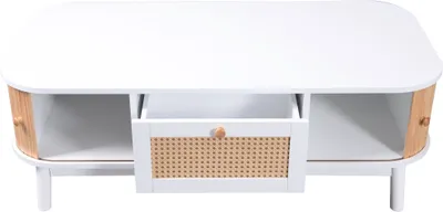Produktbild von Merax Couchtisch Weiß “Muses” mit Rattan, Kaffeetisch mit Schublade, Landhausstil