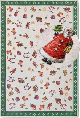 A Christmas-themed rug with various toys and a close-up of Santa Claus.