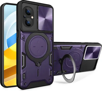 Produktbild von Handyhülle für Xiaomi Poco M5 Dual-Layer Stoßfest Rüstung Hülle mit Dia Kameraschutz und Kreisförmig Ring Ständer Lila